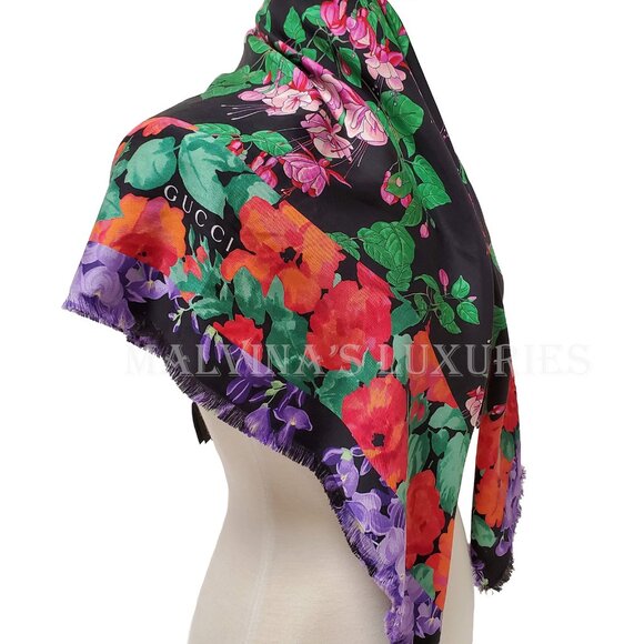 GUCCI SCARF LENIS FLORAL BLACK MULTICOLOR PRINT w LOGO TWILL SILK SQUARE 35" - Picture 6 of 13